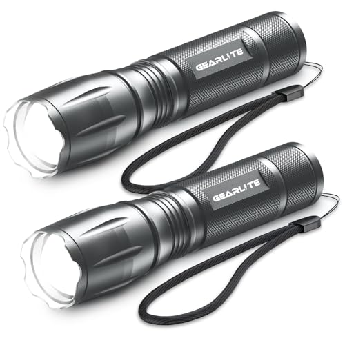 GEARLITE LED Taschenlampe Batteriebetrieben 2 Stücke, 2000 Lumen Taschenlampe LED Extrem Hell mit 5 Modi, IP65 Wasserdicht Taschenlampe Kinder für Camping, Outdoor-Grau von GEARLITE