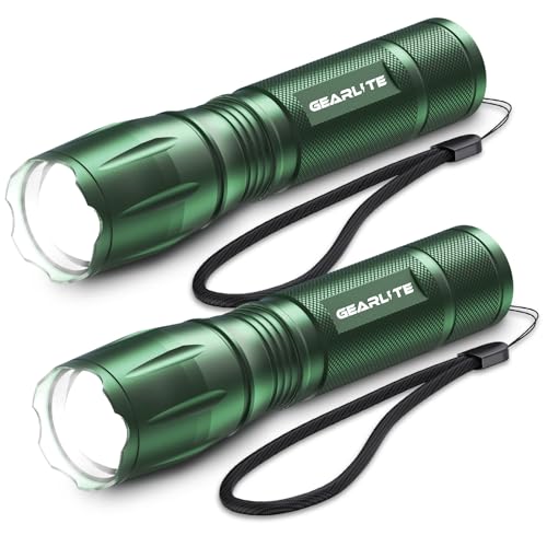 GEARLITE LED Taschenlampe Batteriebetrieben 2 Stücke, 2000 Lumen Taschenlampe LED Extrem Hell mit 5 Modi, IP65 Wasserdicht Taschenlampe Kinder für Camping, Outdoor-Grün von GEARLITE