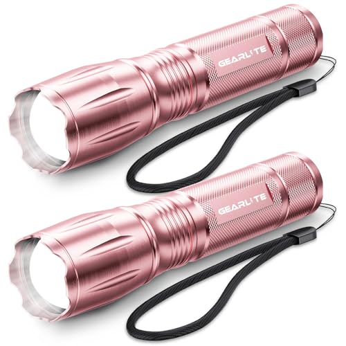 GEARLITE LED Taschenlampe Batteriebetrieben 2 Stücke, 2000 Lumen Taschenlampe LED Extrem Hell mit 5 Modi, IP65 Wasserdicht Taschenlampe Kinder für Camping, Outdoor-Rosa von GEARLITE