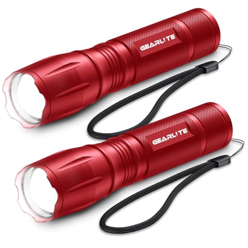 GEARLITE LED Taschenlampe Batteriebetrieben 2 Stücke, 2000 Lumen Extrem Hell Mit 5 Modi, IP65 Wasserdicht für Kinder, Camping, Outdoor-Rot von GEARLITE