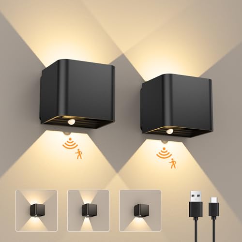 GEARLITE Led Aufladbar Wandleuchte Innen/Aussen mit Bewegungsmelder 2 Stücke, Wandlampe Auf und ab Einstellbarer Lichtstrahl 3000K Warmweiß Außenwandleuchte IPX4 Wasserdichte Wohnzimmer Garten Schwarz von GEARLITE