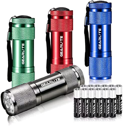 GEARLITE Mini LED Taschenlampe, 4 Pack Aluminium Kinder Taschenlampe Klein mit 12 AAA Batterien, IP65 Wasserdicht Handlampe mit Lanyard für junge Camping Wandern Outdoor von GEARLITE