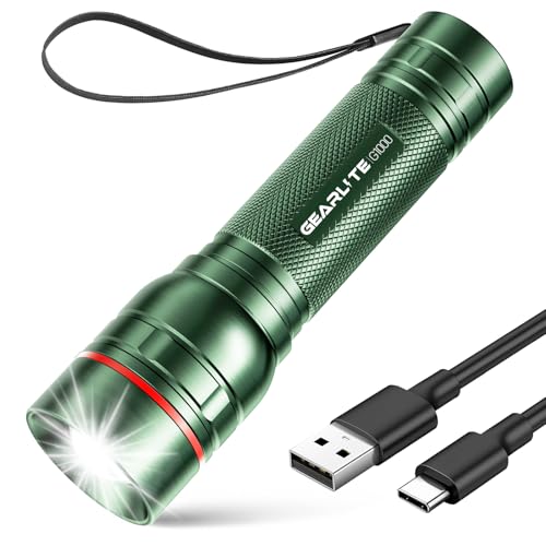 GEARLITE Taschenlampe LED Aufladbar, 2000 Lumen LED Taschenlampe Kinder mit 3 Modi，Zoombare Mini Handlampe mit Langer Laufzeit, IP65 Wasserdicht Flashlight für Camping Angeln Notfall Outdoor-Grün von GEARLITE