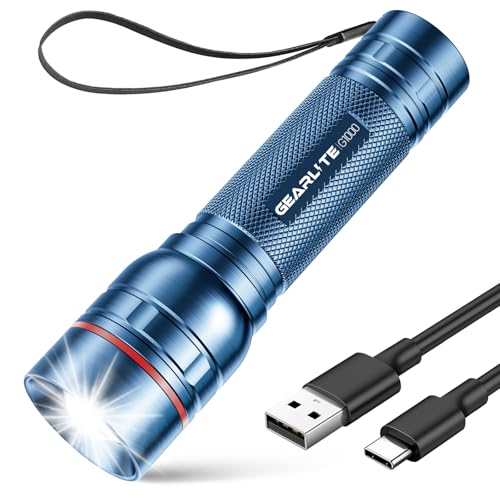 GEARLITE Taschenlampe LED Aufladbar, 2000 Lumen LED Taschenlampe Kinder mit 3 Modi，Zoombare Mini Handlampe mit Langer Laufzeit, IP65 Wasserdicht Flashlight für Camping Angeln Notfall Outdoor-Blau von GEARLITE