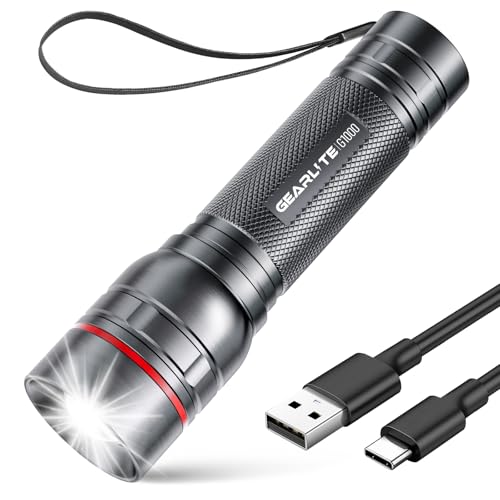 GEARLITE Taschenlampe LED Aufladbar, 2000 Lumen LED Taschenlampe Kinder mit 3 Modi，Zoombare Mini Taschenlampe mit Langer Laufzeit, IP65 Wasserdicht Flashlight für Camping Angeln Notfall Outdoor-Grau von GEARLITE