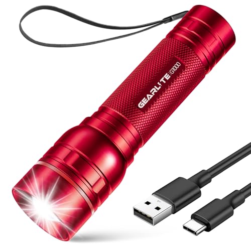 GEARLITE Taschenlampe LED Aufladbar, 2000 Lumen LED Flashlight Kinder mit 3 Modi，Zoombare Mini Taschenlampe mit Langer Laufzeit, IP65 Wasserdicht Handlampe für Camping Angeln Notfall Outdoor-Rot von GEARLITE