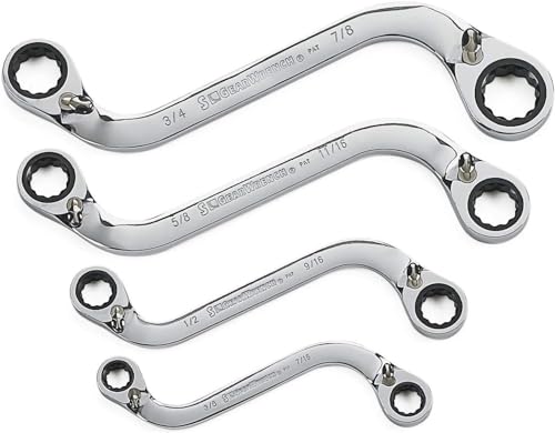 GearWrench 85399 Umschaltbarer „S-Förmiger“ Doppelring Ratschenschlüssel Satz, 12 Punkte, SAE, 4 Teilig von GearWrench