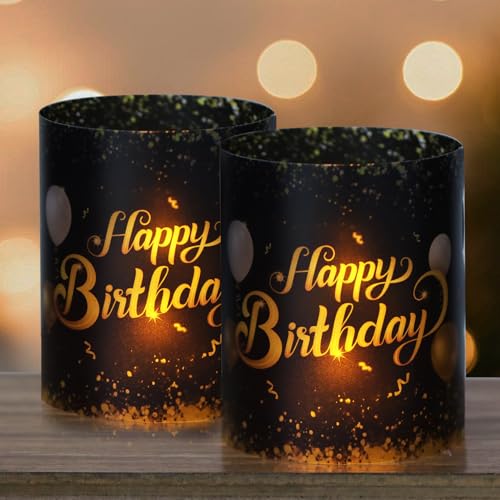 12 Stück Happy Birthday Windlicht Tischdeko Geburtstag Deko Mini Kerzen Dekoration Teelichter Lichthülle Teelichthalter Kerzenhalter Party Geschenk Geburtstagsdeko Tischdekoration (Schwarz-Gold) von GEBETTER