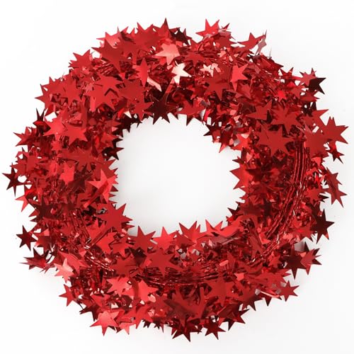 2 Stück 7,5 M Weihnachten kleine Sterne Girlande Glänzend Metallisch Folien Girlande Weihnachtsbaum Lametta Hängende Dekorationen für Party Ferien Weihnachtsdeko Streifen Christbaum (Rot) von GEBETTER