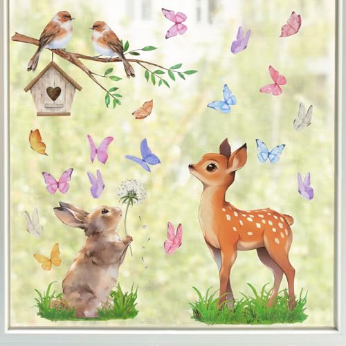 3 Blatt Fensterbilder Doppelseitig Sikahirsche Hase Schmetterling Fensterdeko Wiederverwendbar Fenstersticker Selbstklebend Fenster Aufkleber Deko Frühling für Glas Kinderzimmer Badezimmer von GEBETTER