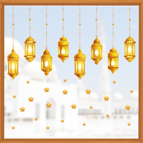 3 Blatt Ramadan Fensteraufkleber, Eid Mubarak Fensterbilder Doppelseitig Sternen Fensterdeko Wiederverwendbar Fenstersticker Selbstklebend Fenster Aufkleber Deko für Islam Muslim Party Glas von GEBETTER