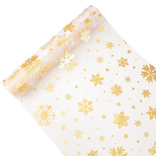 30cm x 10Yards Organza Tischläufer in Gold Silber transparent Tischband Tischdeko Organzastoff Tischrolle Geschenk für Weihnachten Adventszeit Festliche Party Dekoration (Schneeflocken - Gold Stoff) von GEBETTER