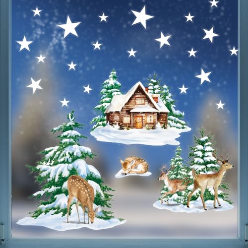 4 Blatt Weihnachten Fensterbilder Weihnachtsbaum Elch Haus Doppelseitig Fensterdeko Wiederverwendbar Fenstersticker Selbstklebend Fenster Aufkleber Deko Winter für Glas Kinderzimmer Fensterfolie von GEBETTER