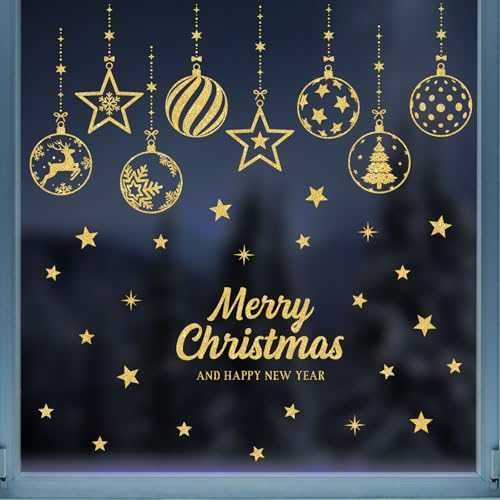 4 Blatt Weihnachten Fensterbilder Weihnachtskugeln Elch Doppelseitig Fensterdeko Wiederverwendbar Fenstersticker Selbstklebend Fenster Aufkleber Deko Winter für Glas Kinderzimmer Fensterfolie von GEBETTER