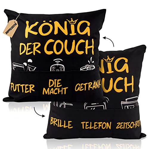 45 x 45cm Zierkissenbezug mit 6 Taschen König der Couch Lustige Männer Kissenbezug zum Befüllen Kissenhülle Geschenk Zierkissenhülle zum Geburtstag Dekokissenhülle Weihnachten Sofakissenhülle von GEBETTER