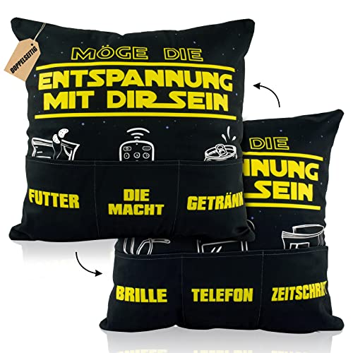 45 x 45cm Zierkissenbezug mit 6 Taschen Möge die Entspannung mit dir sein Lustige Männer Kissenbezug zum Befüllen Kissenhülle Geschenk Zierkissenhülle zum Geburtstag Dekokissenhülle Weihnachten von GEBETTER