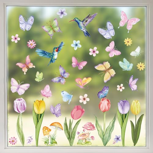 8 Blatt Fensterbilder Doppelseitig Blumen Schmetterling Fensterdeko Wiederverwendbar Fenstersticker Selbstklebend Fenster Aufkleber Deko Frühling Sommer für Glas Kinderzimmer Badezimmer von GEBETTER