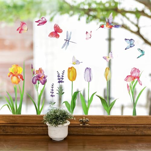 9 Blatt Fensterbilder Doppelseitig Blumen Schmetterling Fensterdeko Wiederverwendbar Fenstersticker Selbstklebend Fenster Aufkleber Deko Frühling Sommer für Glas Kinderzimmer Badezimmer (Bunt A) von GEBETTER