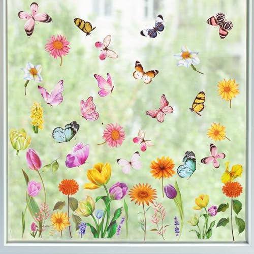 9 Blatt Fensterbilder Doppelseitig Blumen Schmetterling Fensterdeko Wiederverwendbar Fenstersticker Selbstklebend Fenster Aufkleber Deko Frühling Sommer für Glas Kinderzimmer Badezimmer (Bunt C) von GEBETTER