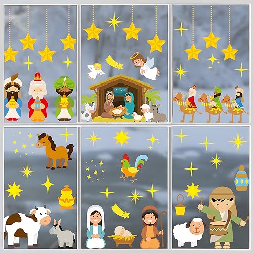 9 Blatt Weihnachten Fensterbilder Krippe Jesus Drei König Doppelseitig Fensterdeko Wiederverwendbar Fenstersticker Selbstklebend Fenster Aufkleber Deko Winter für Glas Kinderzimmer Fensterfolie von GEBETTER