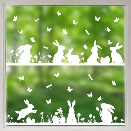Fensterbilder Ostern Doppelseitig Hasen Schmetterling Fensteraufkleber Fensterdekoration Wiederverwendbar Fenstersticker Fenster Aufkleber Deko Frühling für Glas Kinderzimmer (Weiß Hasen) von GEBETTER