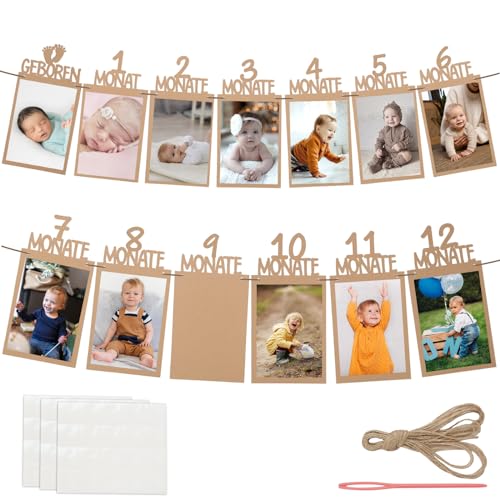 Foto Banner 1. Geburtstag für 1 bis 12 Monate Baby Fotogirlande Geburtstagsdeko Hängende Wanddekoration für Mädchen Jungen Party Deko Feiern Deutsch Kraftpapier Girlande Erster Kommunion (Braun) von GEBETTER