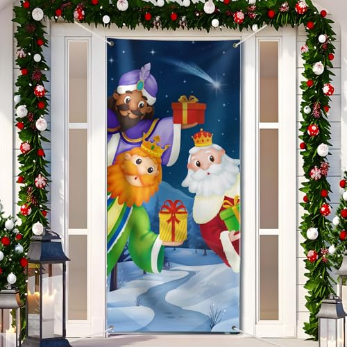 200 x 90 cm Weihnachten Tür Abdeckung Dekoration Haustür Decke Wand Hängen Banner Fotografie Hintergrund für Weihnachtsfeier Feiertag Winter Neujahr Toilettentür Deko (Drei König) von GEBETTER