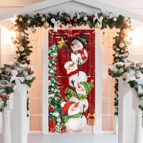 200 x 90 cm Weihnachten Tür Abdeckung Dekoration Haustür Decke Wand Hängen Banner Fotografie Hintergrund für Weihnachtsfeier Feiertag Winter Neujahr Toilettentür Deko (Schneemann Pyramide) von GEBETTER