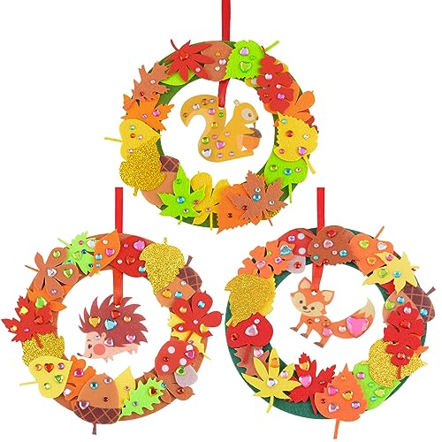 GEBETTER Herbst Filz Bastelset Deko 3 Stück Kranz mit Eichhörnchen Fuchs Igel Basteln für Kinder DIY Kränze Herbstkranz Ornamente für Halloween Weihnachten Weihnachtskränze Weihnachtsdekoration von GEBETTER