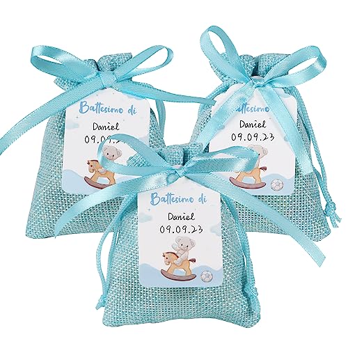 Italienisch 24 Stk Taufe Etiketten + 24 Stk Jute Beutel + 1 Stk Seidenband Gastgeschenke Organzasäckchen für Konfirmation Kommunion Party Geschenk Geburtstag Gäste Geburt Deko (Blau) von GEBETTER