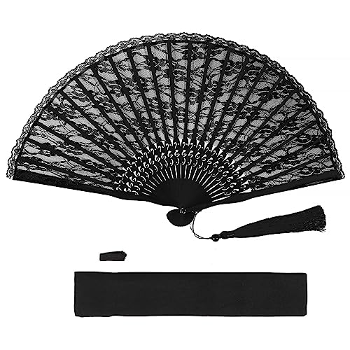Spitzenfächer Mit Quaste Vintage Fächer Spitze Faltfächer Handfächer Hochzeitsfächer Brautfächer Faltbaren Tanzfächer Hochzeitsdeko Geschenke für Hochzeit Abschlussball Fasching Party (Schwarz) von GEBETTER