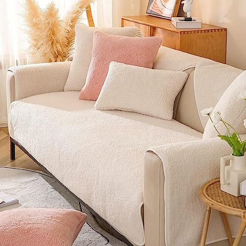 GEBIN Sofabezug Samt 1 2 3 4 Sitzer, Weicher Couchbezug L Form, Anti-rutsch Sofaüberwurf, Sherpa-Fleece Sofahusse Sofa überzug Ecksofa, Sofaschoner für Hunde (Creme,70x70cm) von GEBIN