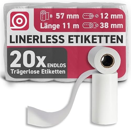 GEBONGT24 Linerless Thermoetiketten 57 mm x 11 m x 12 mm – trägerfreie Etiketten selbstklebend auf Rolle – trägerlose Etiketten Rolle Ø ca. 38 mm – passend für Zebra ZQ210, ZQ310, Bixolon SPP-R200III von GEBONGT24