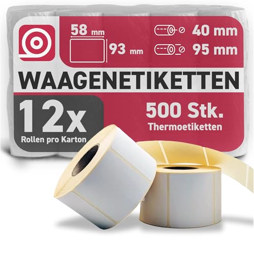 Gebongt24 Waagenetiketten 58 x 93 mm 12 Rollen 6000 rechteckige Einzeletiketten selbstklebend, Phenolfrei & stark haftend Ø 98 mm kompatibel mit Bizerba & weiteren Waagen für Theke & Kasse von GEBONGT24