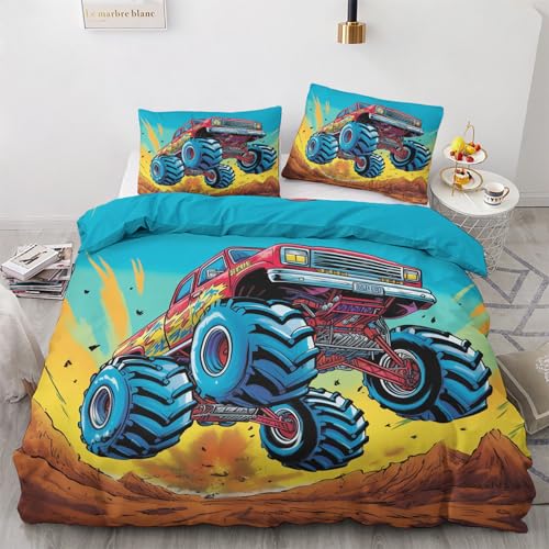 GEDAEUBA Bettwäsche 135x200 Monster Truck - Kinder Bettbezug 135 x 200 2er Set, Wendebettwäsche und Kissenbezug 80x80, Weiche & Angenehme & Atmungsaktive Mikrofaser Bettwäsche-Sets mit Reißverschluss von GEDAEUBA