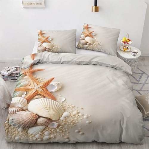 GEDAEUBA Bettwäsche 135x200 Strandmotiv - Seestern Muscheln Bettbezug 135 x 200 2er Set, Wendebettwäsche und Kissenbezug 80x80, Weiche & Angenehme Mikrofaser Bettwäsche-Sets mit Reißverschluss von GEDAEUBA