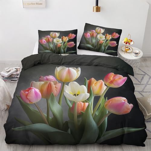 GEDAEUBA Bettwäsche 135x200 Tulpen - Blumen Bettbezug 135 x 200 2er Set, Wendebettwäsche und Kissenbezug 80x80, Weiche & Angenehme Mikrofaser Bettwäsche-Sets mit Reißverschluss von GEDAEUBA