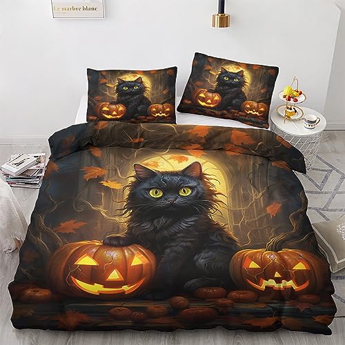 GEDAEUBA Bettwäsche 140x200 Halloween - Schwarze Katze und Kürbis Bettbezug 140x200 2er Set, Wendebettwäsche und Kissenbezug 70x90, Weiche & Angenehme Mikrofaser Bettwäsche-Sets mit Reißverschluss von GEDAEUBA