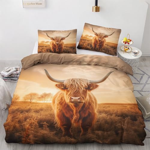 GEDAEUBA Bettwäsche 140x200 Hochlandrind - Western Bauernhoftiere Bettbezug 140x200 2er Set, Wendebettwäsche und Kissenbezug 70x90, Weiche & Angenehme Mikrofaser Bettwäsche-Sets mit Reißverschluss von GEDAEUBA