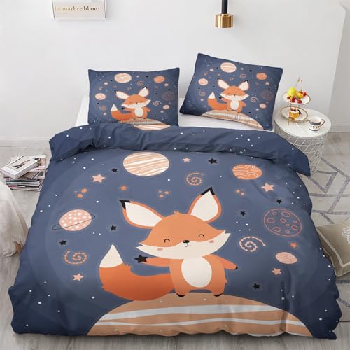 GEDAEUBA Bettwäsche Fuchs Kinder - Sommer Bettwäsche 135x200 Fuchs, Planeten Bettbezug 135 x 200 2er Set, Wendebettwäsche und Kissenbezug, Weiche Mikrofaser Bettwäsche-Sets mit Reißverschluss von GEDAEUBA