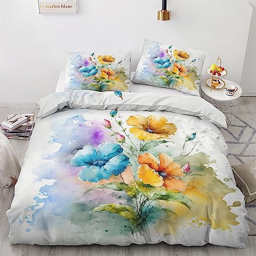 GEDAEUBA Blumen Bettwäsche 135x200 Sommer - Aquarell Blumen Bettbezug 135 x 200 2er Set, Wendebettwäsche und Kissenbezug 80x80, Weiche & Atmungsaktive Mikrofaser Bettwäsche-Sets mit Reißverschluss von GEDAEUBA