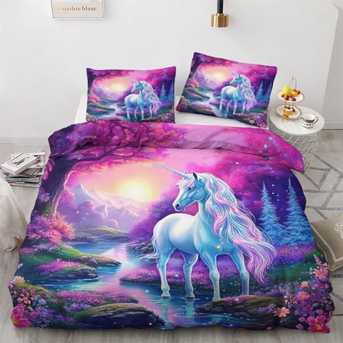 GEDAEUBA Einhorn Kinder Bettwäsche 140x200 Winter - Fantasy Bettbezug 140x200 2er Set, Wendebettwäsche und Kissenbezug 70x90, Weiche & Angenehme & Warme Mikrofaser Bettwäsche-Sets mit Reißverschluss von GEDAEUBA