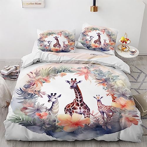 GEDAEUBA Giraffe Bettwäsche 135x200 Sommer - Tropische Blumen Tiere Bettbezug 135 x 200 2er Set, Wendebettwäsche und Kissenbezug 80x80, Weiche Mikrofaser Bettwäsche-Sets mit Reißverschluss von GEDAEUBA