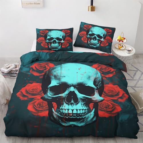 GEDAEUBA Gothic Bettwäsche 140x200 Winter - Totenkopf Rote Rosen Bettbezug 140x200 2er Set, Wendebettwäsche und Kissenbezug 70x90, Weiche & Warme Mikrofaser Bettwäsche-Sets mit Reißverschluss von GEDAEUBA