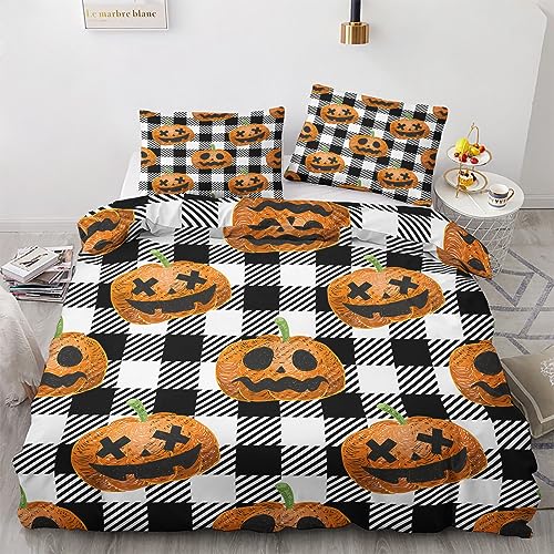 GEDAEUBA Halloween Kürbis Bettwäsche 135x200 - Schwarz Weiß Kariert Bettbezug 135 x 200 2er Set, Wendebettwäsche und Kissenbezug 80x80, Weiche Mikrofaser Bettwäsche-Sets mit Reißverschluss von GEDAEUBA