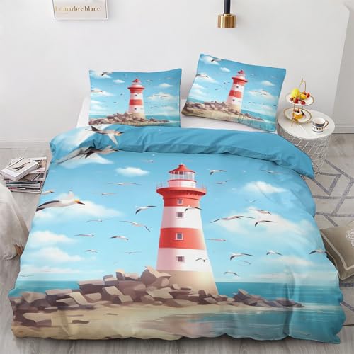 GEDAEUBA Leuchtturm Bettwäsche 135x200 - Nautisch Bettbezug 135 x 200 2er Set, Wendebettwäsche und Kissenbezug 80x80, Weiche & Angenehme & Atmungsaktive Mikrofaser Bettwäsche-Sets mit Reißverschluss von GEDAEUBA