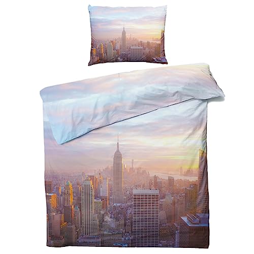 GEDAEUBA New York Bettwäsche 135x200 Sommer - Stadtmotiv Bettbezug 135 x 200 2er Set, Wendebettwäsche und Kissenbezug 80x80, Weiche & Atmungsaktive Mikrofaser Bettwäsche-Sets mit Reißverschluss von GEDAEUBA