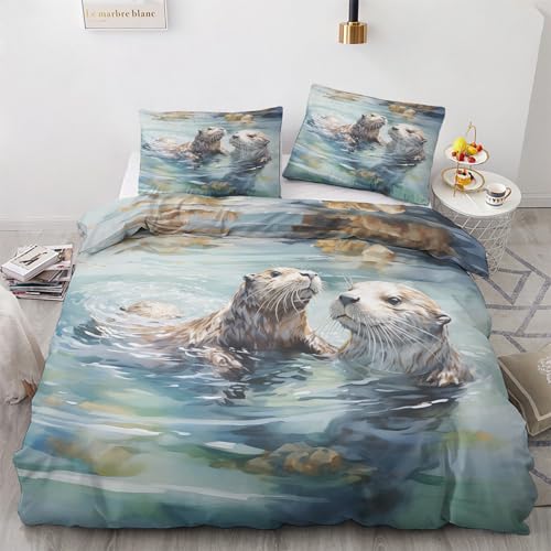 GEDAEUBA Otter Bettwäsche 155x220 Winter - Tiere Bettbezug 155x220 3 teilig, Wendebettwäsche und Kissenbezug 80x80, Weiche & Angenehme & Warme Mikrofaser Bettwäsche-Sets mit Reißverschluss von GEDAEUBA