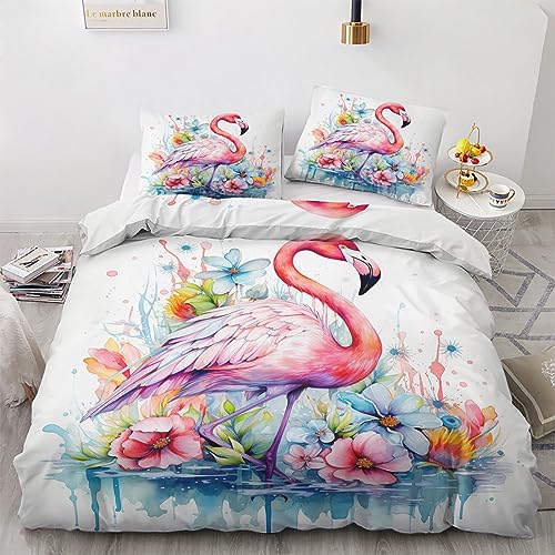 GEDAEUBA Sommer Bettwäsche 135x200 Flamingo - Tropische Blumen Tiere Bettbezug 135 x 200 2er Set, Wendebettwäsche und Kissenbezug 80x80, Weiche Mikrofaser Bettwäsche-Sets mit Reißverschluss von GEDAEUBA