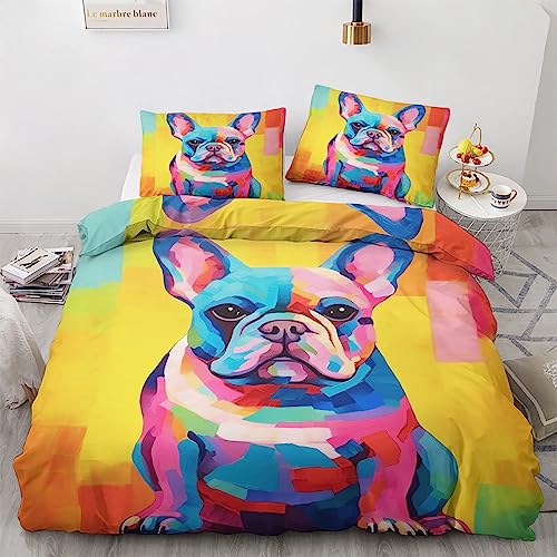 GEDAEUBA Sommer Bettwäsche 135x200 Französische Bulldogge - Bunte Hunde Bettbezug 135 x 200 2er Set, Wendebettwäsche und Kissenbezug 80x80, Weiche Mikrofaser Bettwäsche-Sets mit Reißverschluss von GEDAEUBA